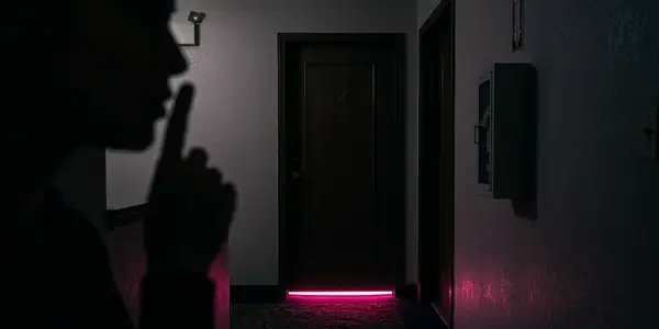 דלת סגורה במסדרון עמום — רגע לפני הפתעה במסיבת רווקים