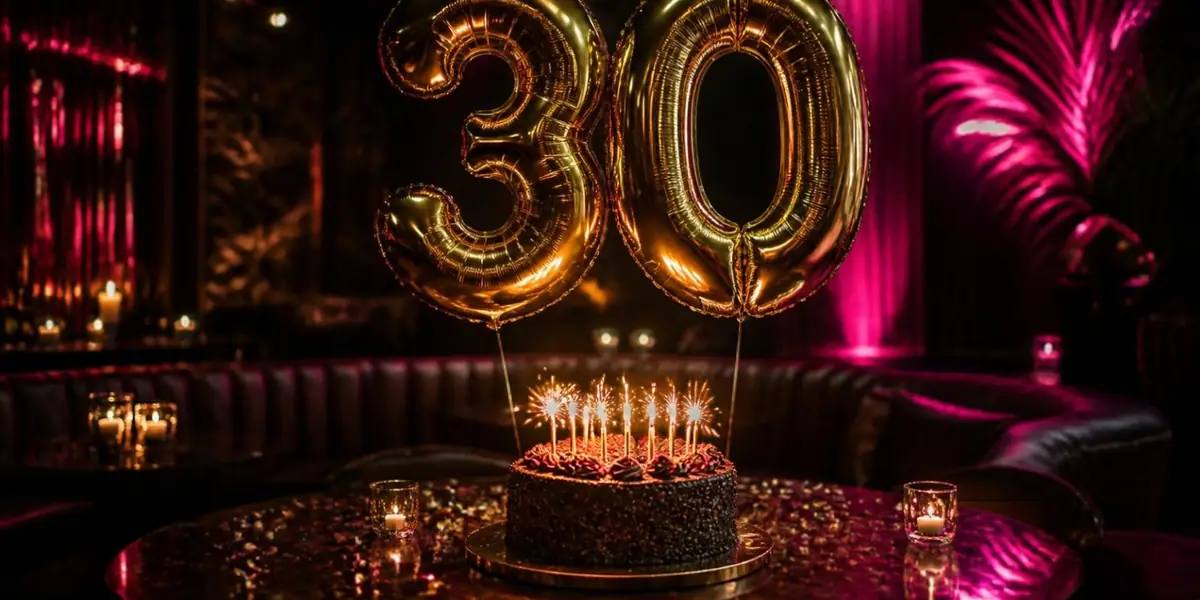 בלונים מוזהבים בצורת המספר 30 על רקע כהה